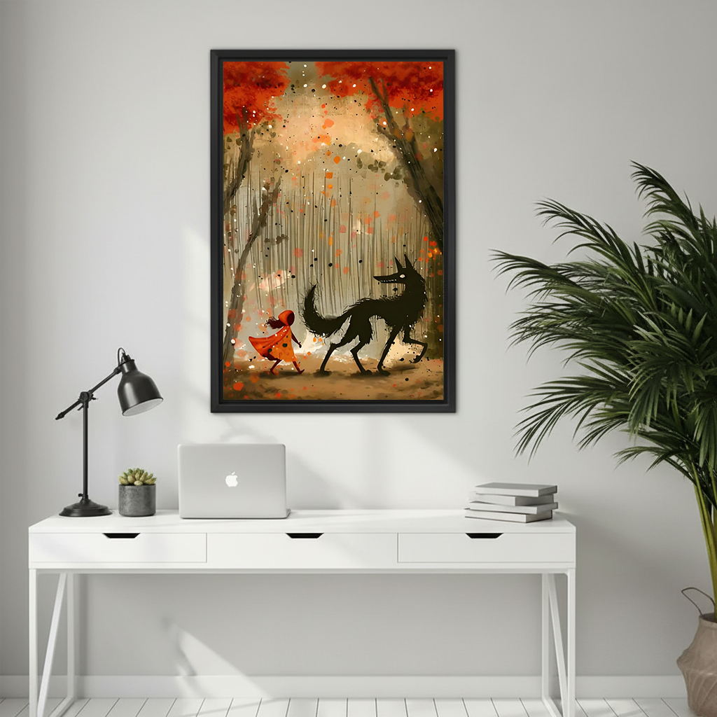Woman holding framed Little Red Riding Hood canvas wall art with a black wolf and autumn trees.