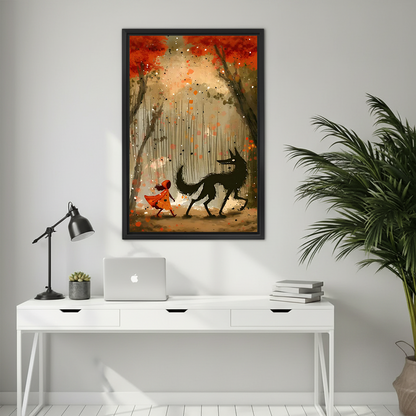 Woman holding framed Little Red Riding Hood canvas wall art with a black wolf and autumn trees.