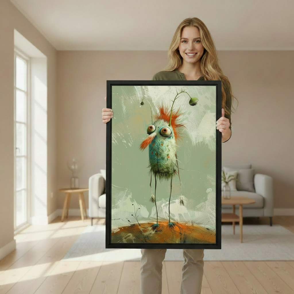 Woman holding framed whimsical long-legged bird canvas wall art to demonstrate its vertical size and appearance.