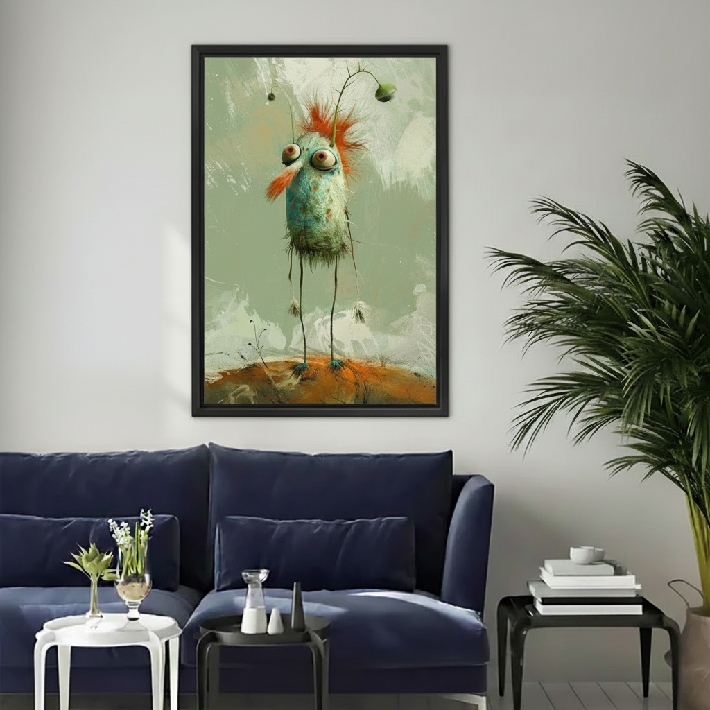 Framed whimsical long-legged bird canvas wall art displayed above a modern dark blue living room sofa.