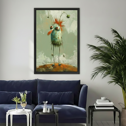Framed whimsical long-legged bird canvas wall art displayed above a modern dark blue living room sofa.