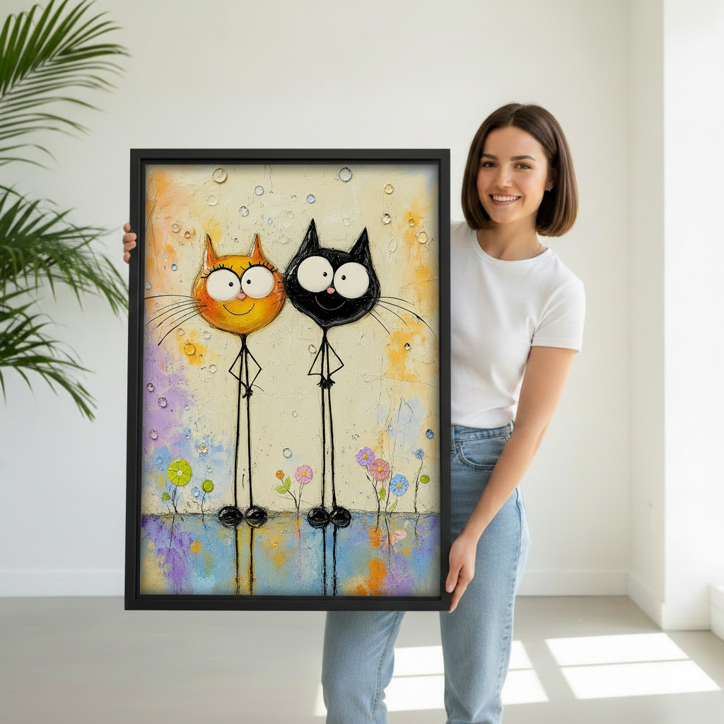 Woman holding framed long-legged cat couple art to demonstrate its vertical scale and playful details.
