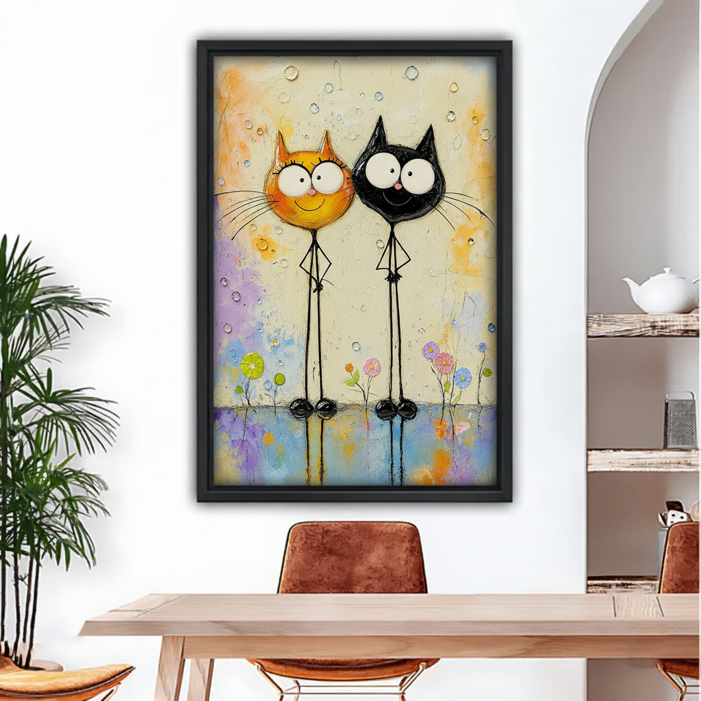 Framed whimsical long-legged cat couple wall art displayed beside a dining table in a bright interior.