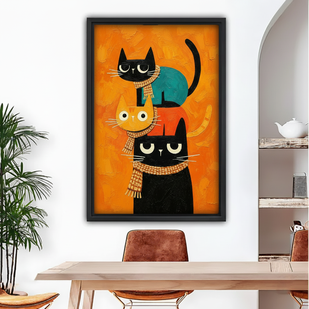 Framed mid-century stacked cats canvas wall art displayed beside a dining table in a bright interior.