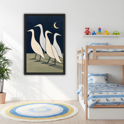 Framed minimalist geese canvas wall art displayed beside a bunk bed in a playful bedroom.