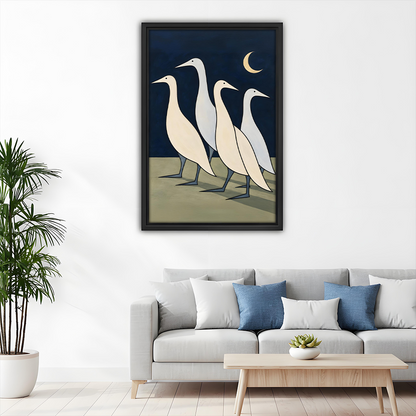 Framed moonlit geese canvas wall art above a dining table with a potted plant.