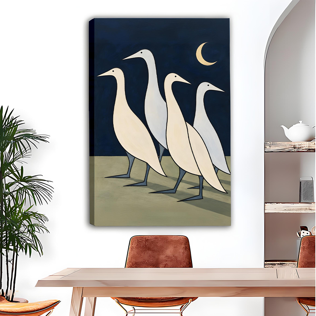 Framed minimalist geese canvas wall art held by a smiling woman in a bright room.