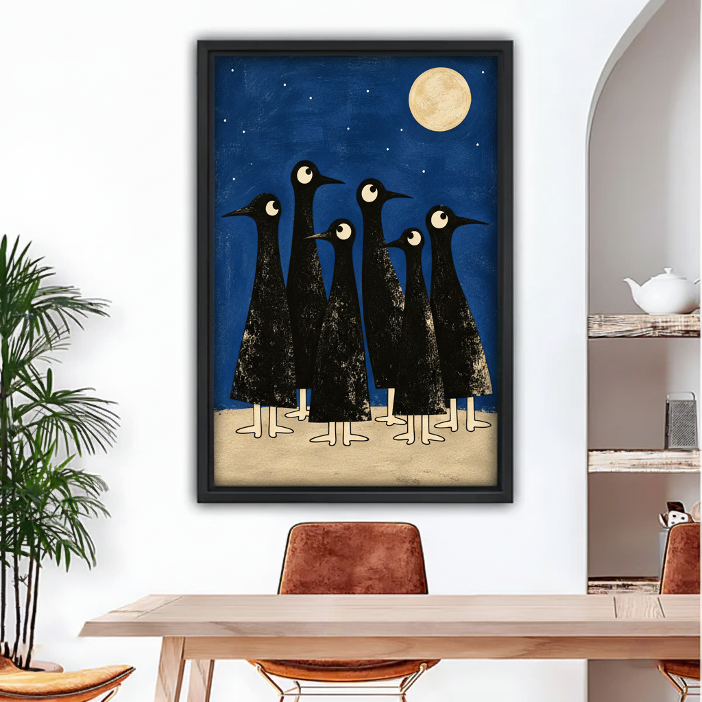 Framed moonlit crow canvas wall art above a dining table with a warm leather chair