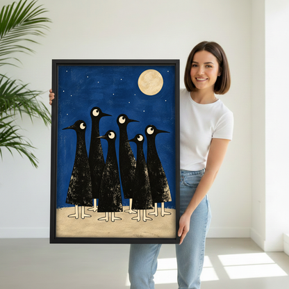 Woman holding framed moonlit crow canvas wall art in a sunlit minimalist interior
