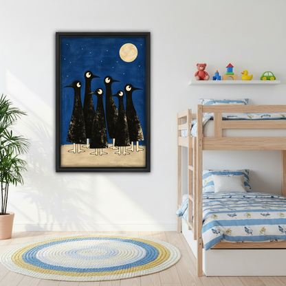 Framed moonlit crow canvas wall art adding playful character to a bright children's bedroom