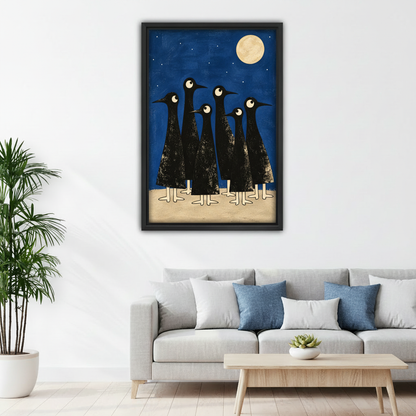 Framed moonlit crow canvas wall art above a modern sofa in a bright living room