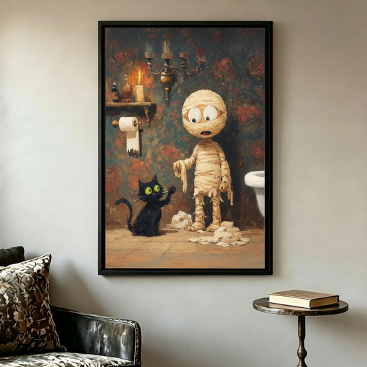 Framed mummy and black cat Halloween canvas wall art displayed beside a dark leather chair.