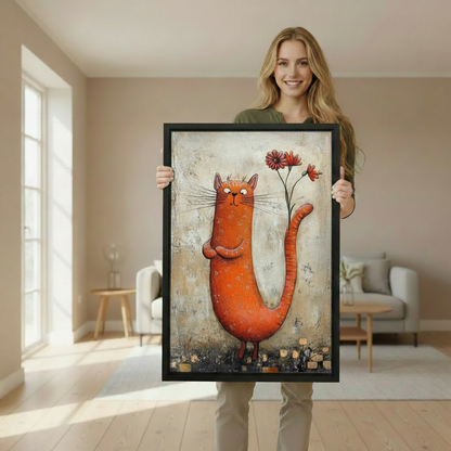 Woman holding framed whimsical orange cat canvas wall art to demonstrate its vertical size and appearance.
