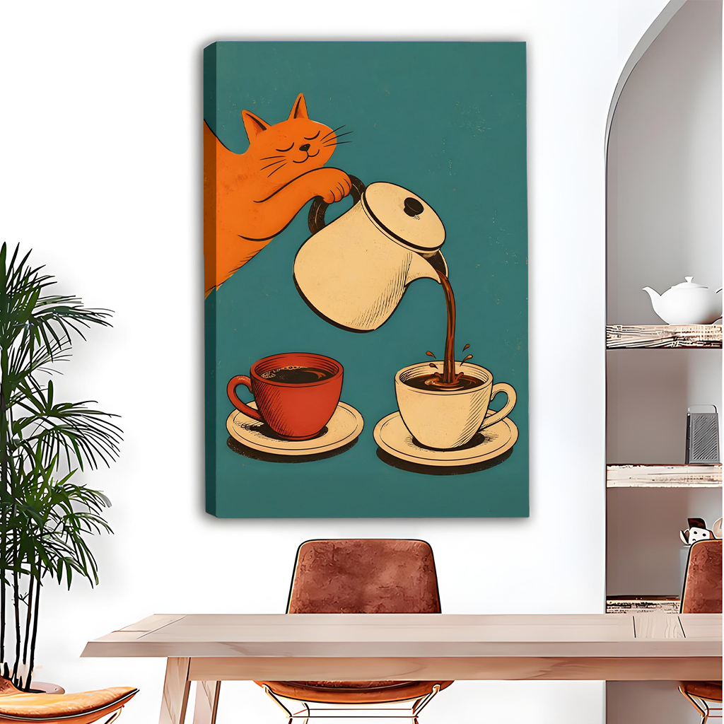 Framed orange cat coffee canvas wall art beside a bunk bed in a playful bedroom.