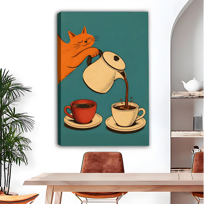Framed orange cat coffee canvas wall art beside a bunk bed in a playful bedroom.