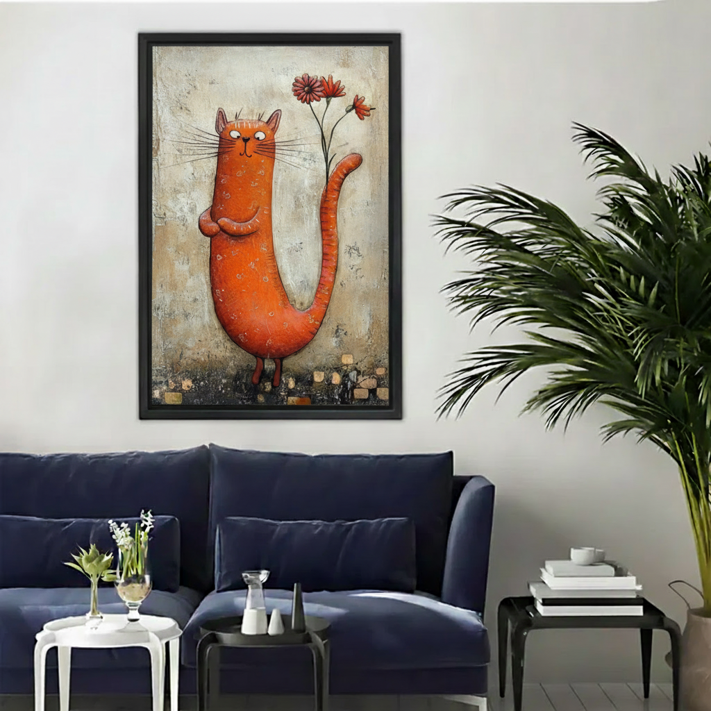 Framed whimsical orange cat canvas wall art displayed above a modern dark blue living room sofa.
