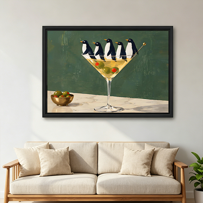 Framed penguin martini canvas wall art hanging above a white bed in a minimalist bedroom.
