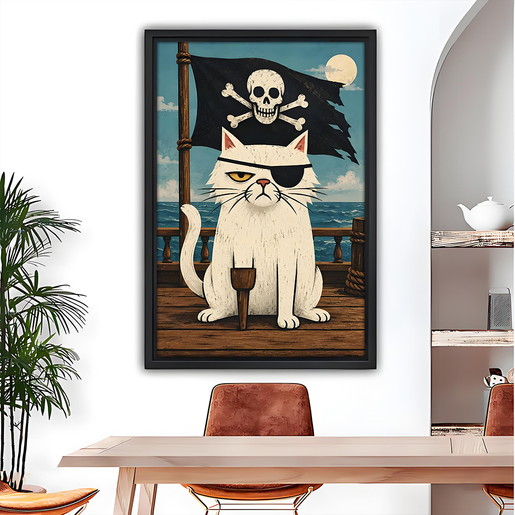 Framed pirate cat canvas wall art with an eyepatch and skull flag above a modern sofa