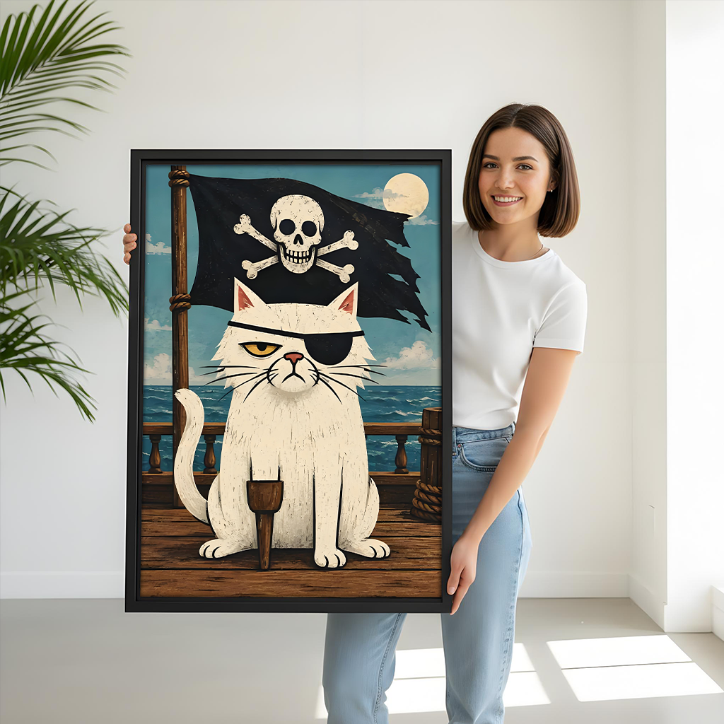 Framed pirate cat wall art featuring an eyepatched captain beside a colorful bunk bed