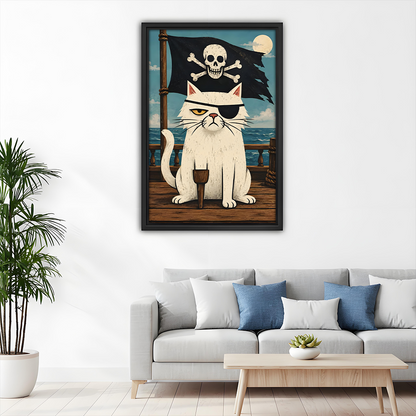 Framed pirate cat canvas wall art with a moonlit ocean scene above a dining table