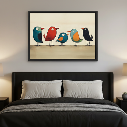 Framed playful colorful bird canvas wall art displayed above a bed in a modern bedroom