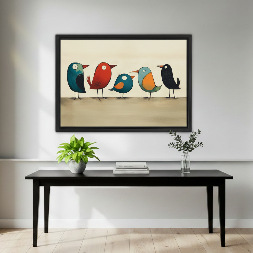 Framed playful colorful bird canvas wall art displayed above a black console table with plants