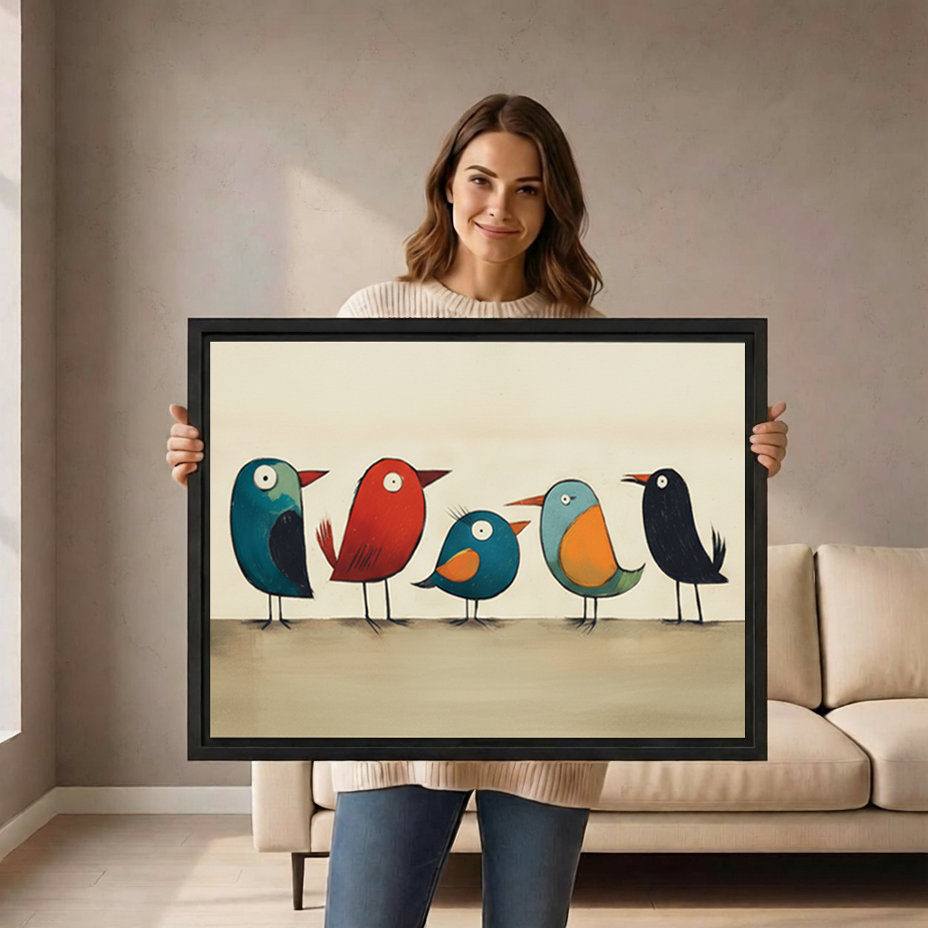 Woman holding framed playful colorful bird canvas wall art featuring five cheerful birds