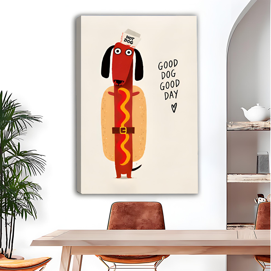 Framed playful hot dog dachshund canvas wall art above a light sofa in a modern living room.