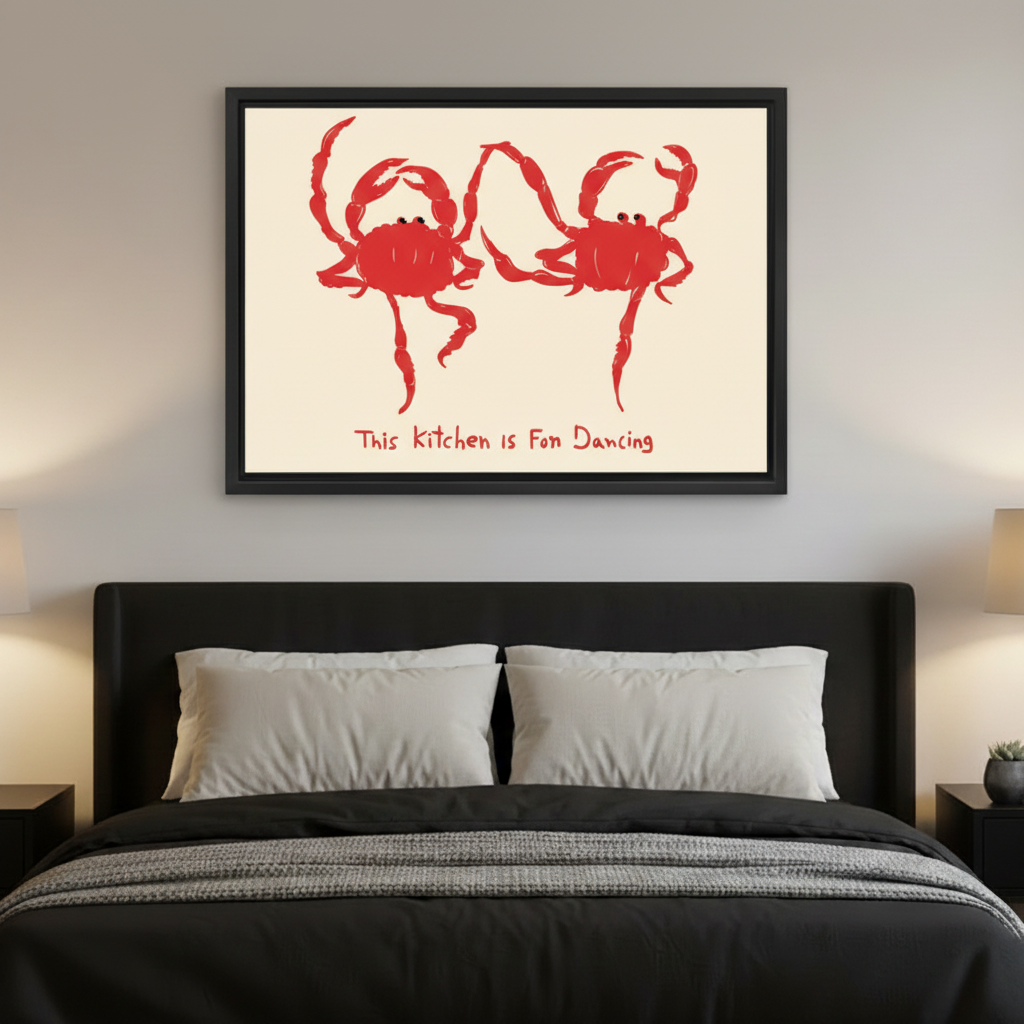 Framed playful red crab kitchen canvas wall art displayed above a bed in a modern bedroom