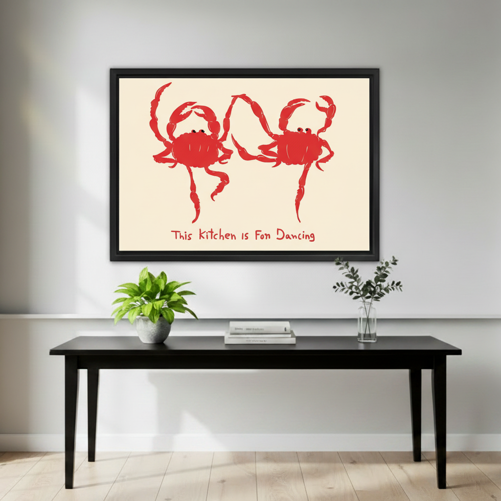 Framed playful red crab kitchen canvas wall art displayed above a black console with green plants