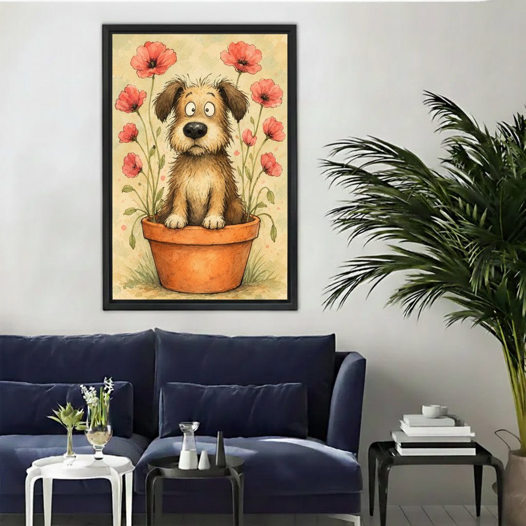 Whimsical puppy flower pot canvas wall art with red poppies displayed above a navy sofa