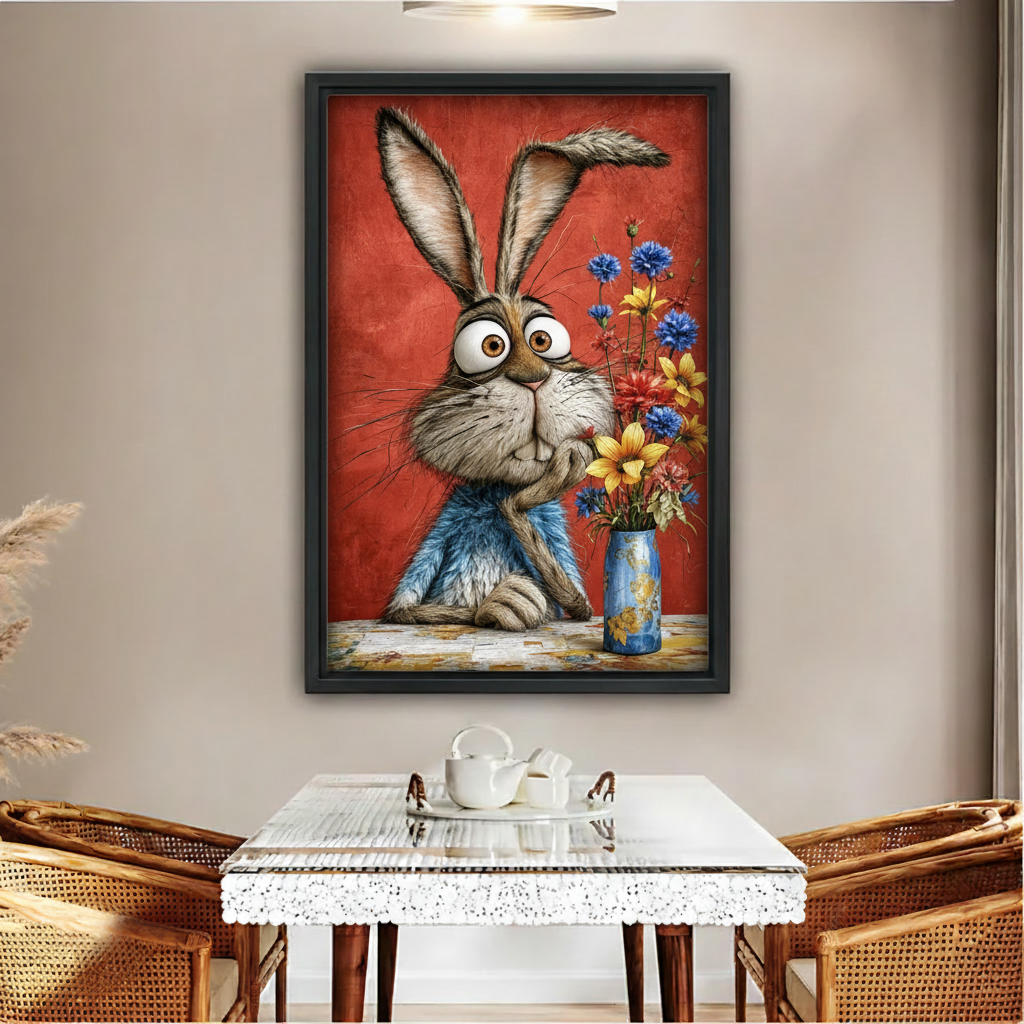 Framed rabbit floral canvas wall art displayed above an elegant dining table with rattan chairs.