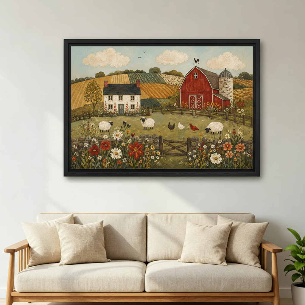 Framed red barn farm canvas wall art with sheep and wildflowers displayed above a cream sofa.