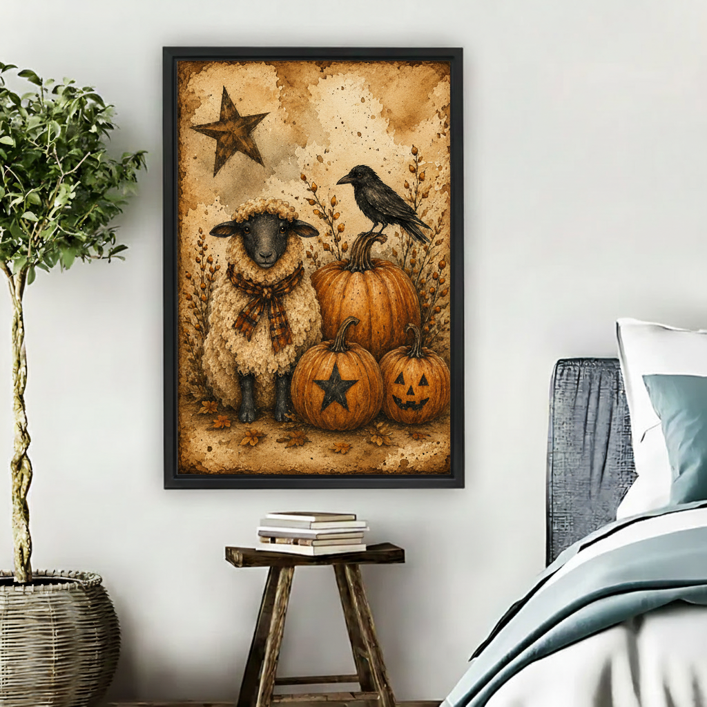 Framed rustic gothic sheep and crow Halloween canvas wall art with pumpkins displayed beside a bed