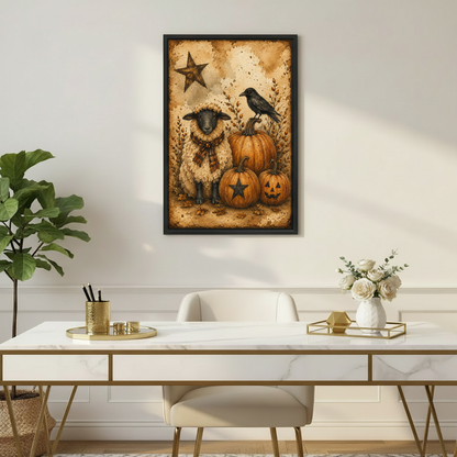 Framed rustic gothic sheep and crow Halloween canvas wall art with pumpkins above a bright home office desk