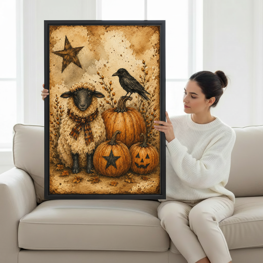 Woman holding framed rustic gothic sheep and crow Halloween canvas wall art with pumpkins in a bright room⠋