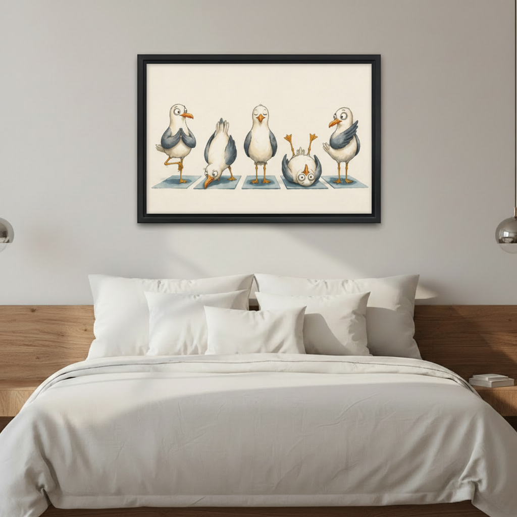 Framed seagull yoga canvas wall art above a neatly made bed in a calm bedroom