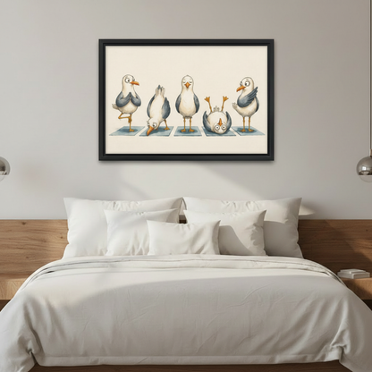 Framed seagull yoga canvas wall art above a neatly made bed in a calm bedroom