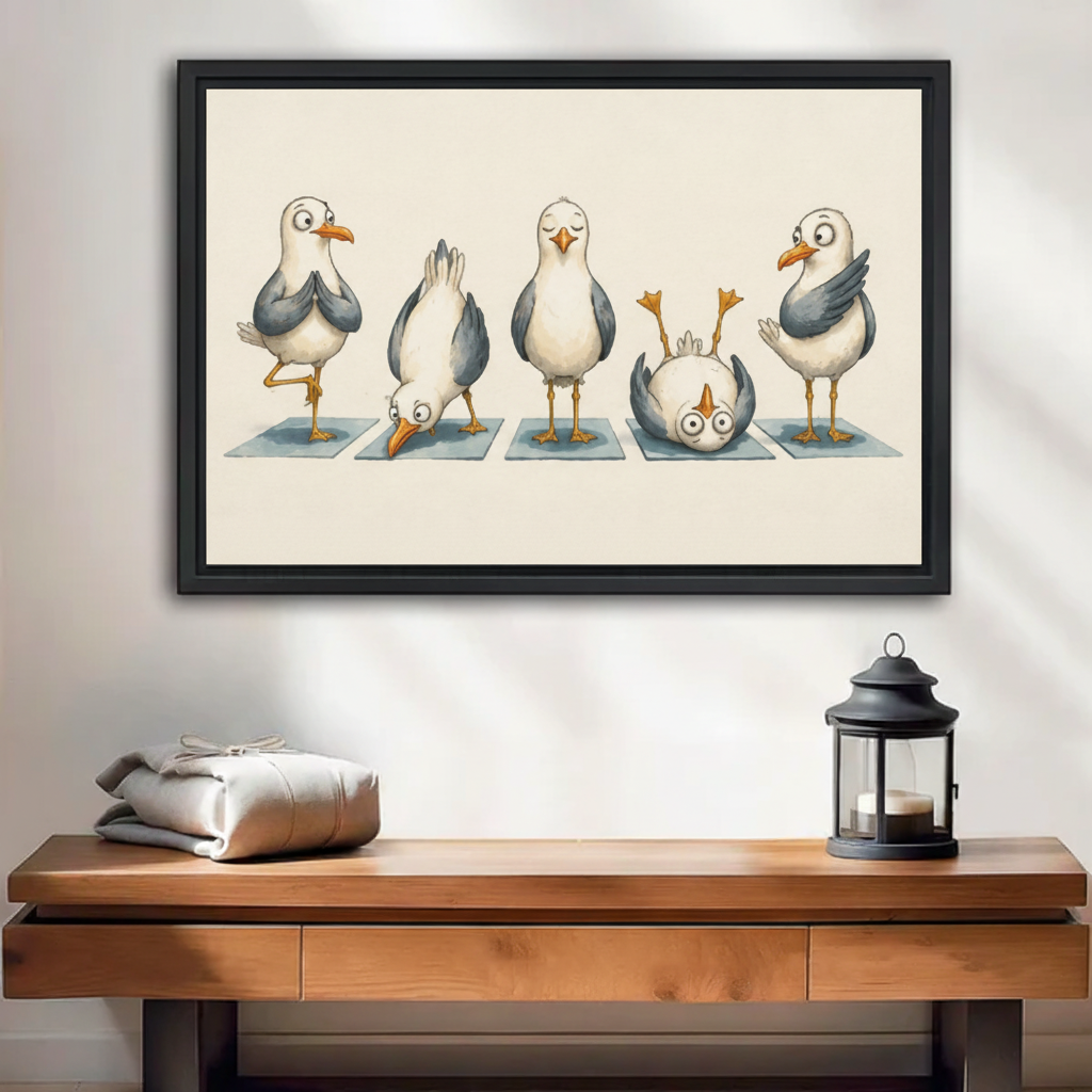 Framed seagull yoga canvas wall art above a wooden console in a softly lit room