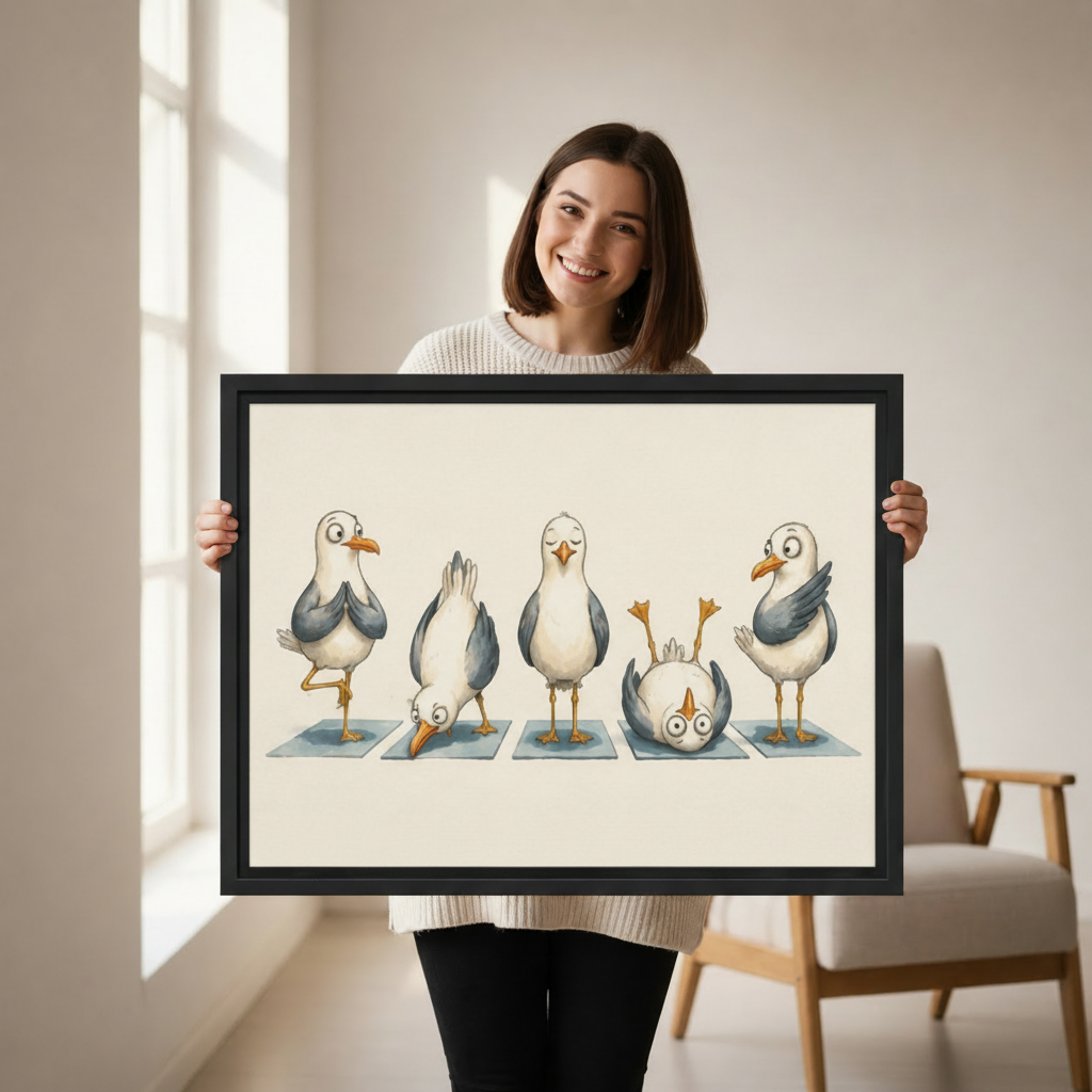 Woman holding framed seagull yoga canvas wall art in a bright minimalist home interior