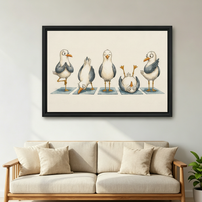 Framed seagull yoga canvas wall art above a light wood sofa in a bright living room