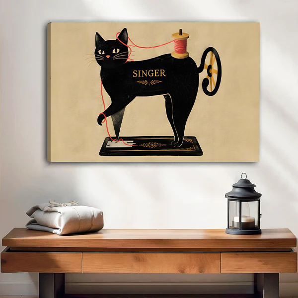 Framed sewing cat canvas wall art held by a smiling woman in a bright room.