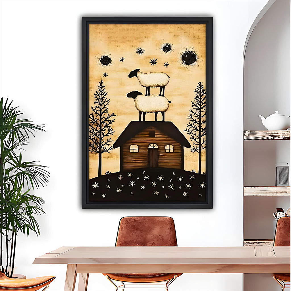 Framed sheep cabin canvas wall art with two sheep on a rooftop above a modern sofa