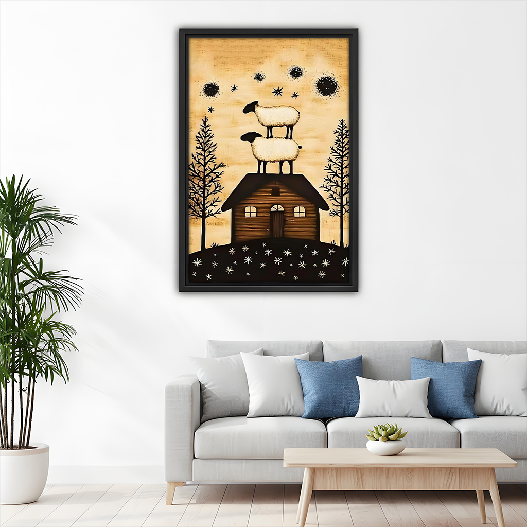 Framed sheep cabin canvas wall art with evergreen trees above a dining table