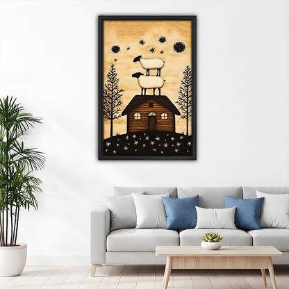 Framed sheep cabin canvas wall art with evergreen trees above a dining table