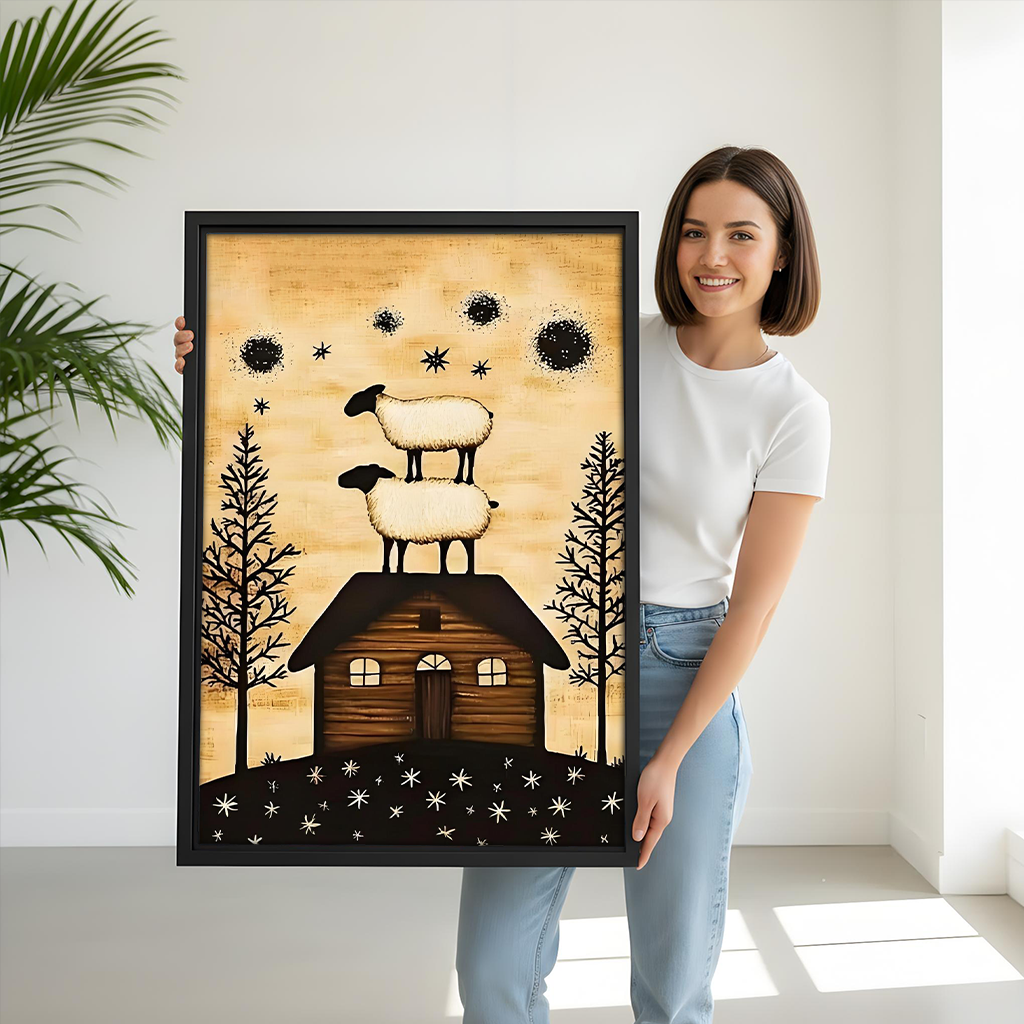 Framed sheep cabin wall art featuring two rooftop sheep beside a colorful bunk bed