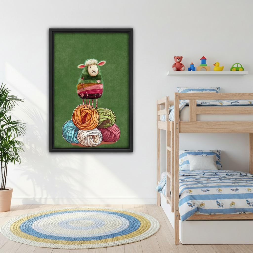  Framed sheep and colorful yarn wall art displayed beside wooden bunk beds in a bright children’s room.