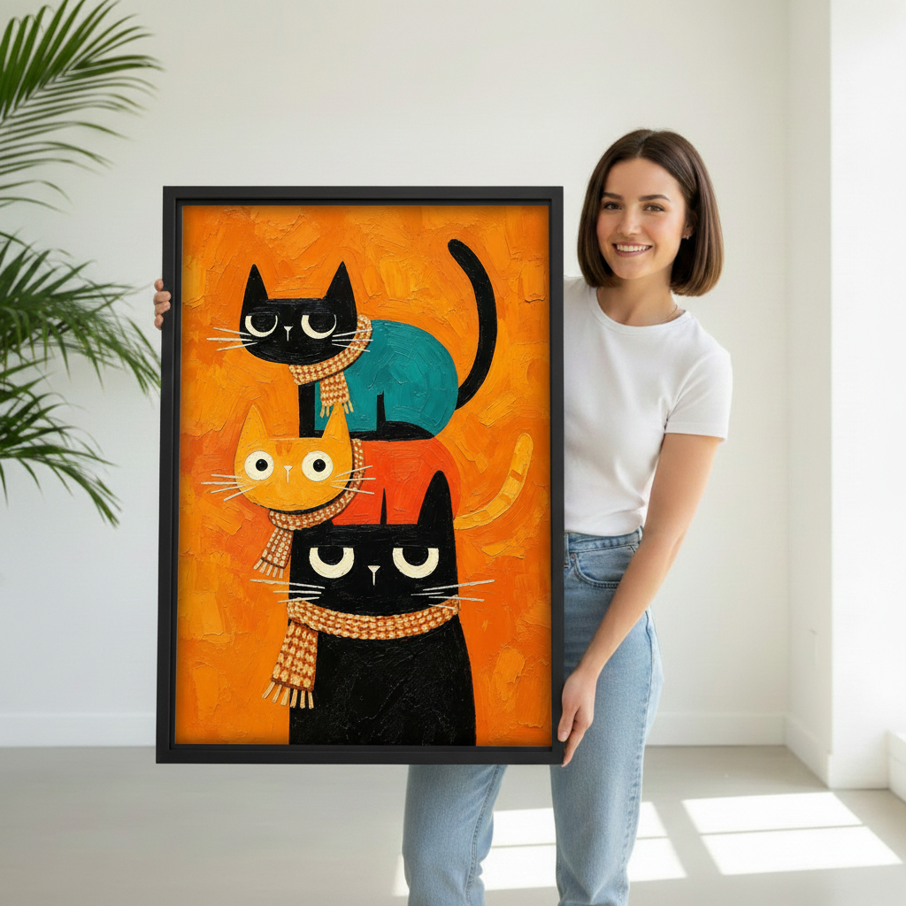 Woman holding framed stacked cats canvas art to demonstrate its vertical scale and bold orange palette.