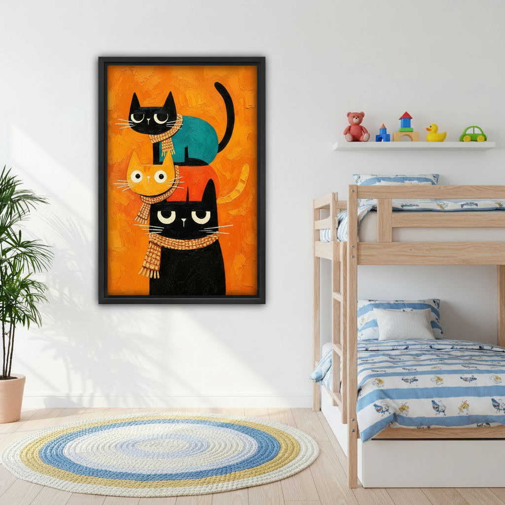 Framed scarf-wearing stacked cats wall art displayed beside wooden bunk beds in a bright children’s room.