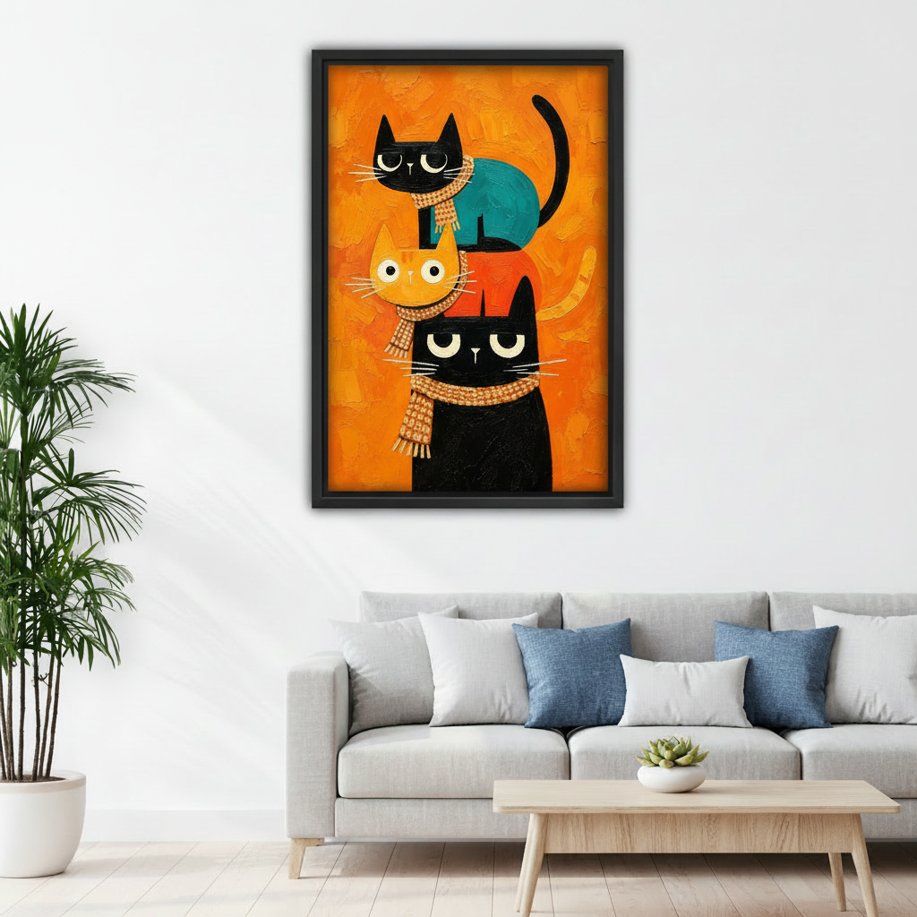 Framed mid-century stacked cats canvas wall art displayed above a white sofa with blue pillows.